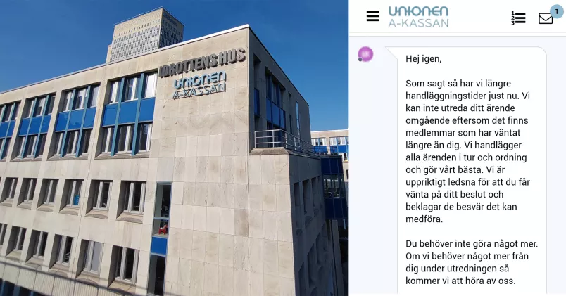 fasad Unionens a-kassa, sms från en handläggare