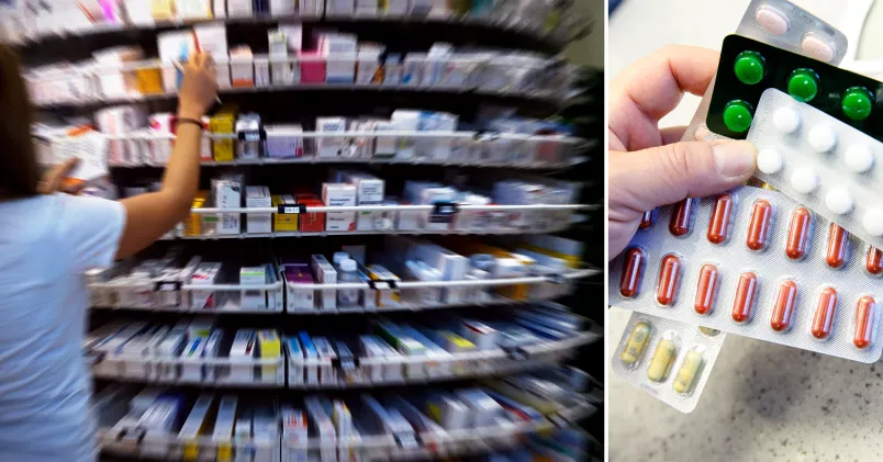 Till vänster en anställd apotek sorterar mediciner, oskärpa. Till höger olika medicinkartor med piller. 