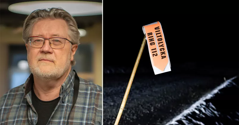 Mikael Joelsson till vänster. Till höger varningsflagga för vilt. 