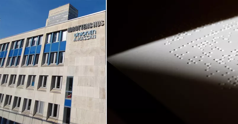 Unionen Do anmälning En fasad med texten Unionens a-kassa. Till vänster blindskrift.