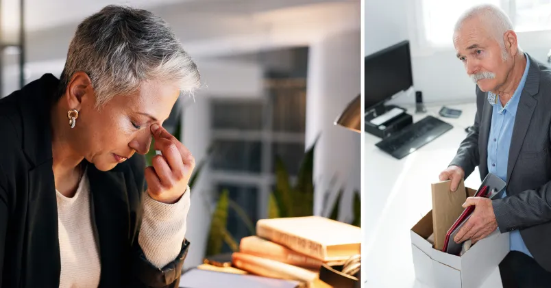 Ålderism: Till vänster en äldre kvinna pp kontor, till höger en herre som packar sina saker från ett skrivbord.