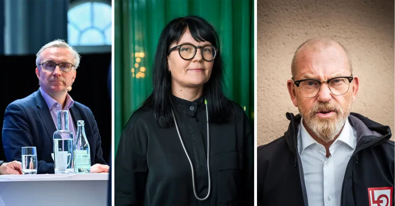 Facktopparnas löner avslöjade. Från vänster: Peter Hellberg, Unionen, Therese Svanström, TCO och Johan Lindholm, LO.