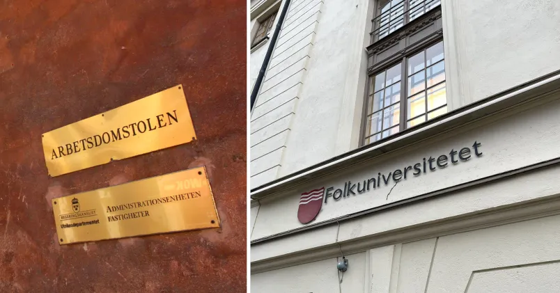 Till vänster skylt med texten Arbetsdomstolen, till höger Folkuniversitetets fasad.