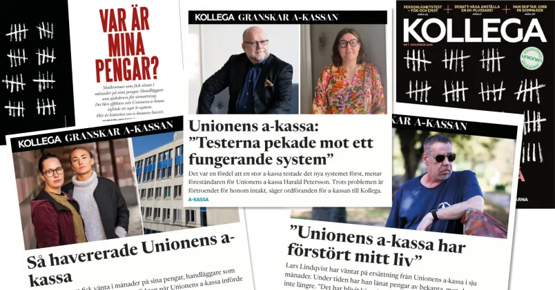 Kollega granskar Unionens a-kassa. Kollage med de artiklar i ämnet som Kollega hittills publicerat. 