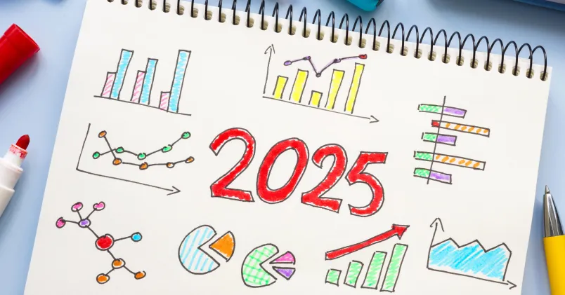 Röda dagar 2025. En kalender med ordet 2025 skrivet i rött mitt i.