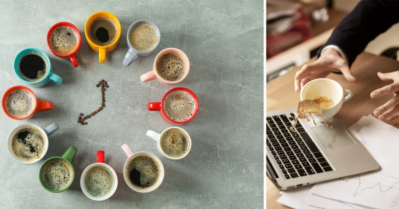 Kaffe på jobbet. Till vänster en ring av kaffekoppar i olika färger. Till höger en man spiller kaffe över sin dator.