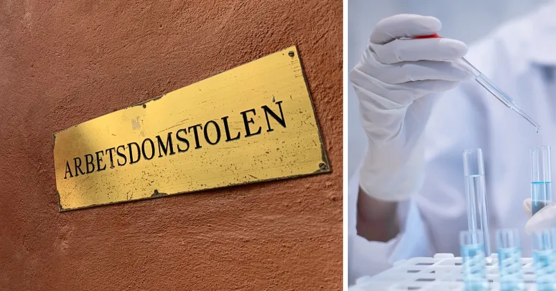 Arbetsdomstolens fasad samt en laboratorietekniker som gör en analys av prover. .