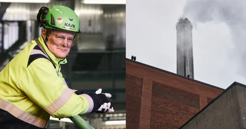 Underhållsingenjören Jonas Karlsson till vänster, rök stiger ut från kraftvärmeverkets skorsten till höger 