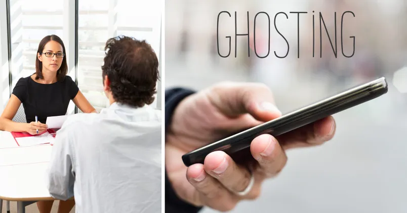 Ghostning vid rekrytering. Till vänster en kvinna och en man på anställningsintervju. Till höger en hand som håller i mobiltelefon och texten Ghostad.