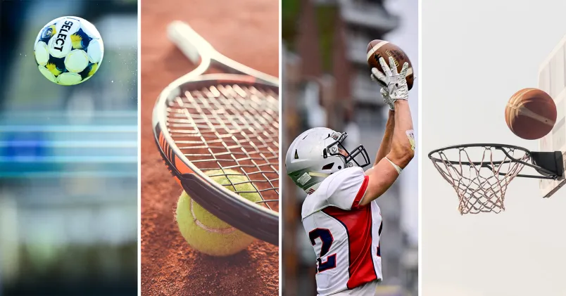 En fotboll, tennisboll, amerikansk fotboll och basketkorg