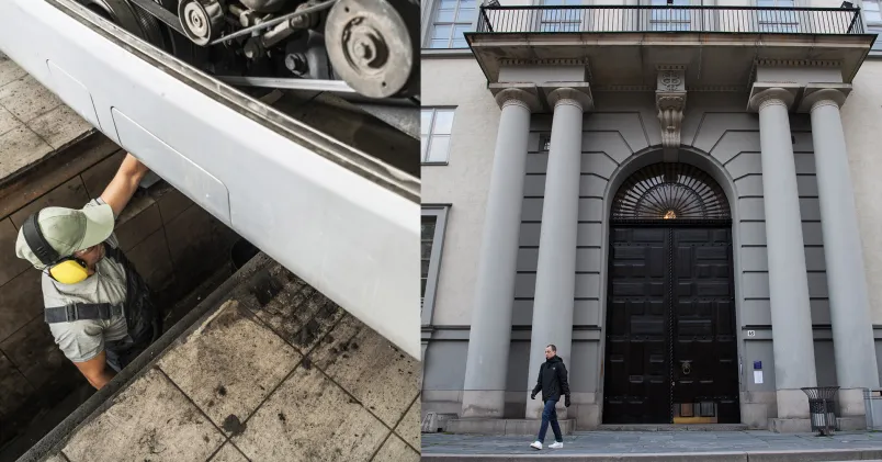 Bild på besiktningstekniker och Handelshögskolan i Stockholm.