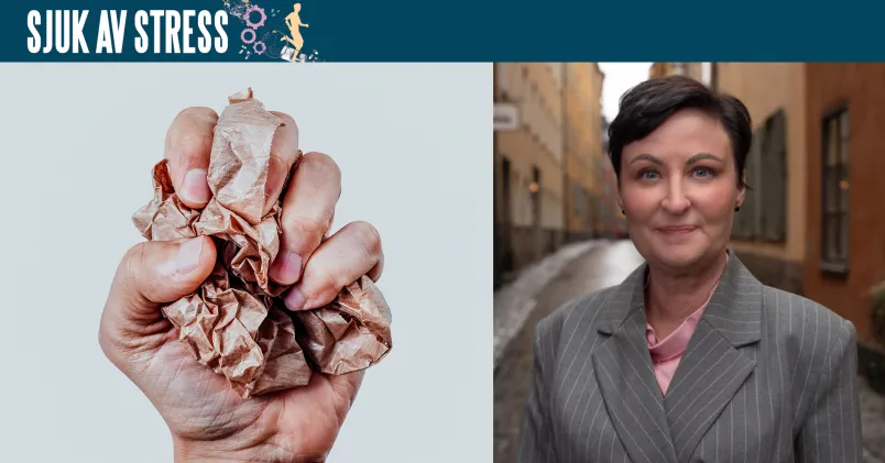 En hand som skrynklar ihop ett papper och psykologen Sandra Lindström