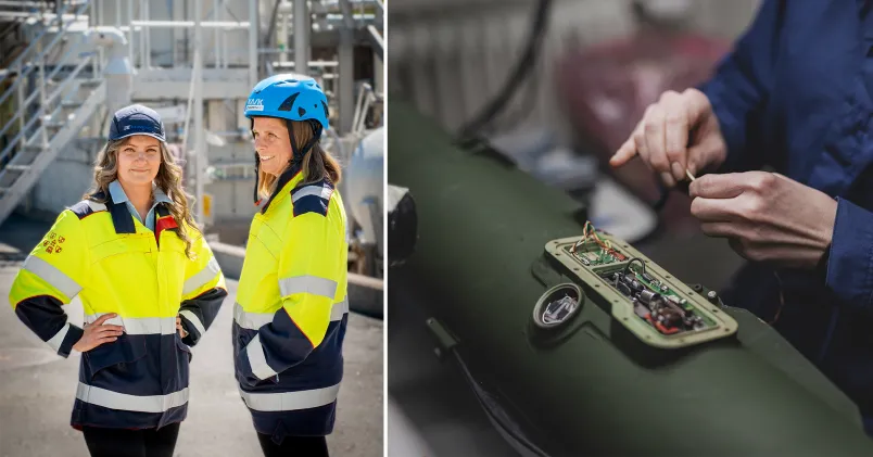 Karlskoga två kvinnor står och pratar med varandra och en granat tillverkas