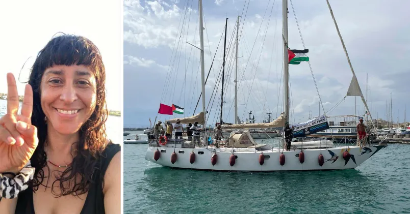 Unionenmedlemmen Marita Rodriguez går i spetsen för Global Sumud Flotilla – en internationell konvoj bestående av över 50 fartyg från mer än 44 länder. Syftet? Att bryta blockaden mot Gaza och etablera en humanitär korridor.Bild på kvinna och fartyg. 