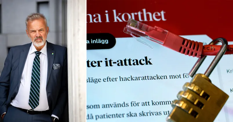 Underättelseexpert Jörgen Holmlund till vänster. Till höger en nätverkskabel med hänglås. Miljödata utsatt för hackerattack: Personnummer och sjukdagar läckta.