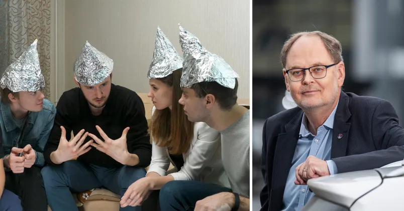 Foliehattar och Clas Svahn. Så sprids konspirationsteorier på arbetsplatsen – och så kan du som chef eller kollega förebygga dem, enligt experten Clas Svahn.