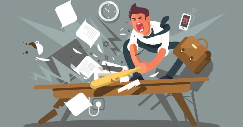 Quiet quitting och revenge quitting som nya arbetslivstrender i Sverige. Tecknad bild på man med slips som slår sönder sitt skrivbord. 