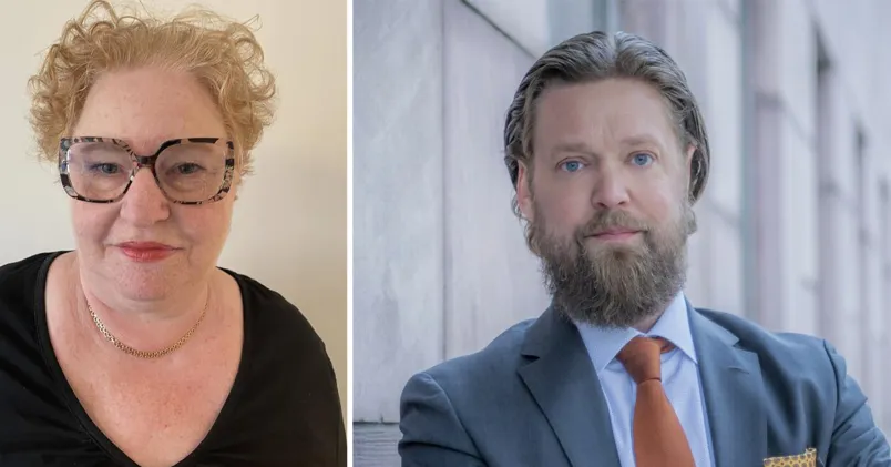 Almega och arbetstiderna En delad bild med Maria Nassikas till vänster i svart tröja och svarta glasögon, till höger Marcus Lindström i skägg grå kavaj och röd slips