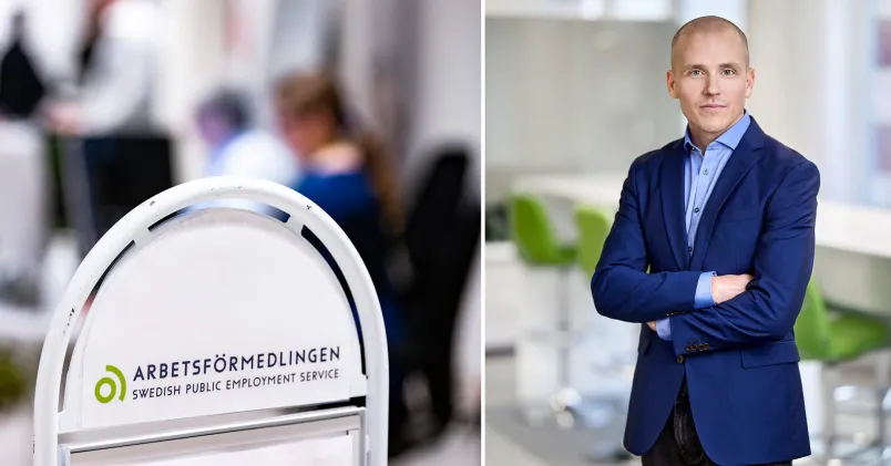 Tobias Brännemo, chefsekonom på Unionen, står vid en skylt för Arbetsförmedlingen. Han kritiserar regeringens hårdare krav på arbetslösa och varnar för ökande långtidsarbetslöshet bland tjänstemän.