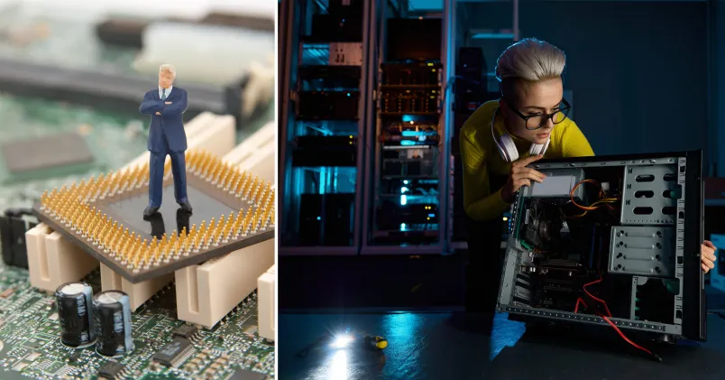 Symbolisk bild av it-säkerhet: en miniatyrfigur står på en processor som representerar ledarskap inom cybersäkerhet, bredvid en person som arbetar med en datorserver i ett serverrum.