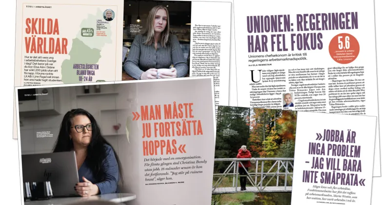 Kollage över artiklar om arbetslösheten från Kollegas papperstidning