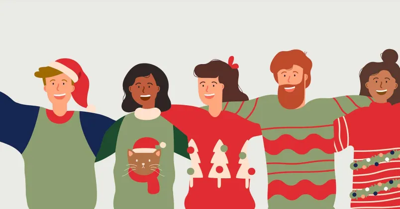 fyra tecknade personer med jultröjor