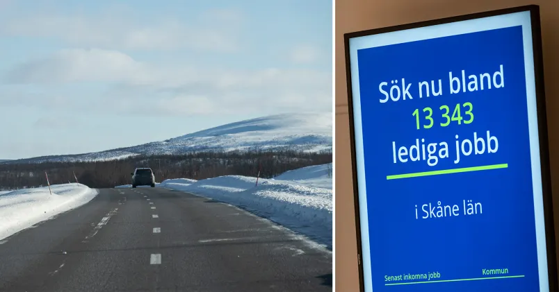 Bilden är tvådelad. Till vänster kör en bil på ödslig väg om given av snöiga berg. Till höger en digital skylt med antalet lediga jobb på Arbetsförmedlingen.