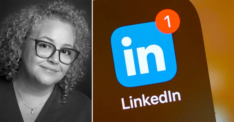 Delad bild med porträtt av kvinna och Linkedin-logotyp på mobilskärm, om bedrägerier mot arbetssökande.