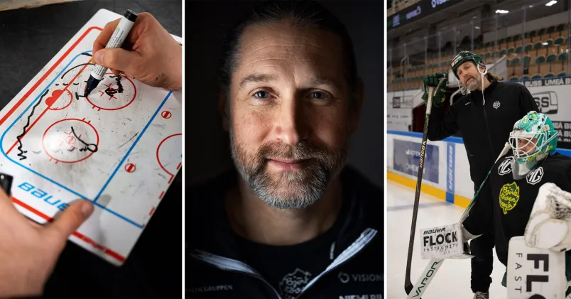 Björn Bjurling, målvaktstränare i hockeyallsvenskan för Björklöven. På isen och ger målvakten intsruktioner.