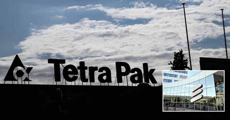 Tetra Pak-byggnad med företagets logotyp, ett av flera storföretag som nämns i artikeln om utköp vid varsel.