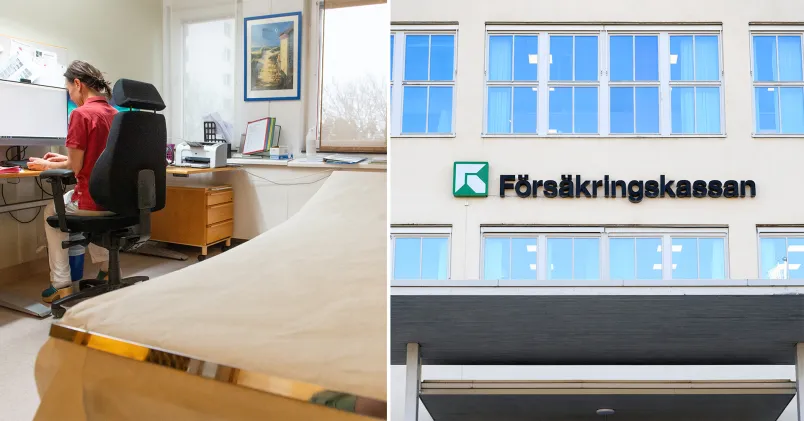 En delad bild. Till vänster sitter en kvinnlig läkare med ryggen mot bilden. Hon jobbar framför datorn i ett mottagningsrum på en vårdcentral. Till höger syns Försäkringskassans gröna logga  mot en beige fasad.