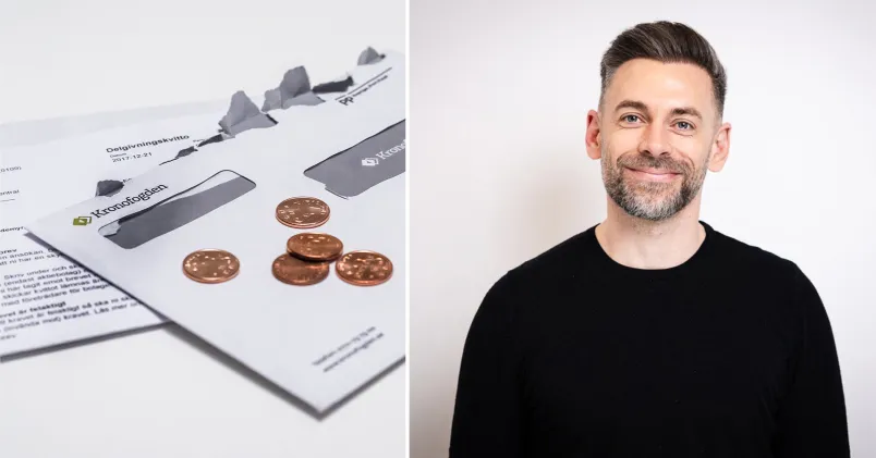 Tvådelad bild: Kronofogden-dokument med mynt samt skuldrådgivaren Kristofer Krmpotic . Används till text om skuldsättning och skuldrådgivning.