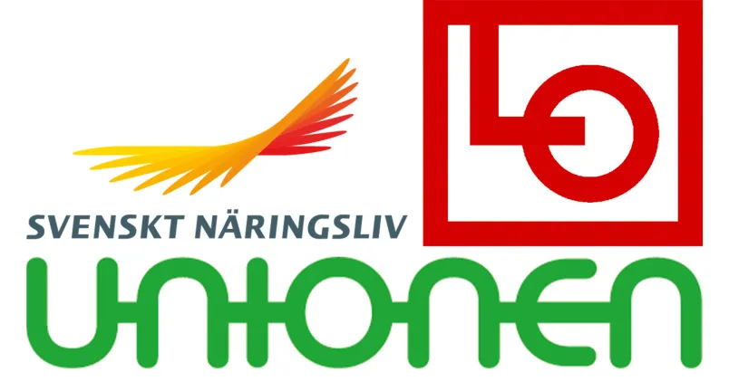  Logotyper för Unionen, LO och Svenskt Näringsliv som symboliserar olika syn på sänkt arbetstid.
