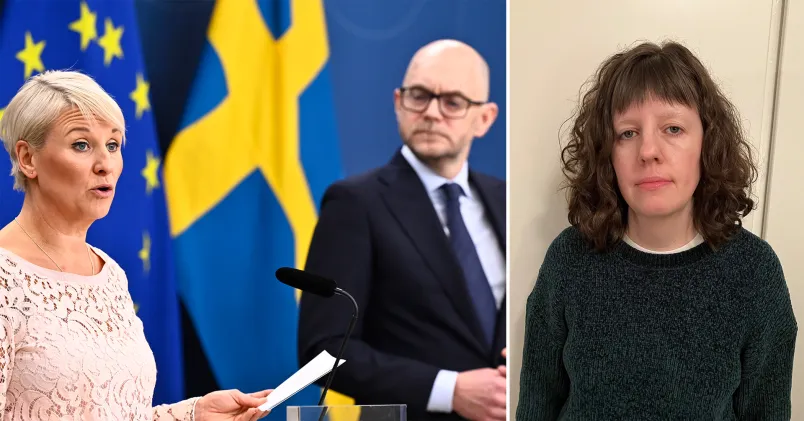 Bilden är tvådelad. Till vänster står arbetsmarknadsminister Johan Britz och socialförsäkringsminister Anna Tenje i strikta kläder, på en presskonferens. Till höger en bild på Maria Kristiansen i mörk tröja och mörkt lockigt hår.