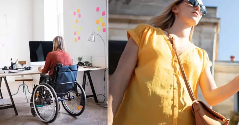 Två olika vardagssituationer: en person i rullstol vid dator på kontor och en person i rörelse i stadsmiljö, som tillsammans illustrerar temat funktionsnedsättning och arbetsliv.