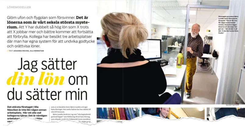 Faksimil av artikeluppslag med rubriken “Jag sätter din lön om du sätter min” och en kontorsbild i bakgrunden.