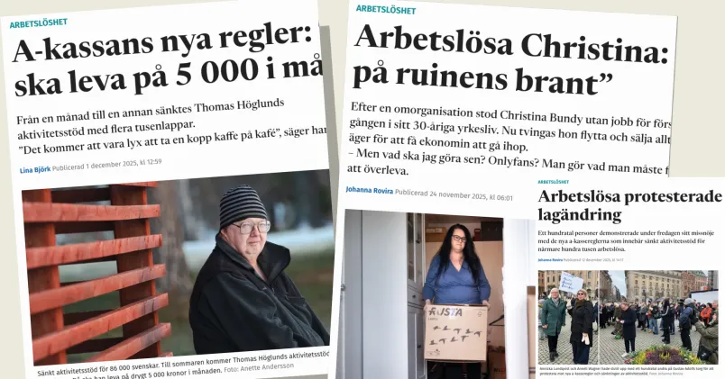 Faksimil av tre tidigare Kollega-artiklar om arbetslöshet och sänkt aktivitetsstöd: en om Thomas Höglund, en om Christina Bundy och en om protester mot lagändringen.