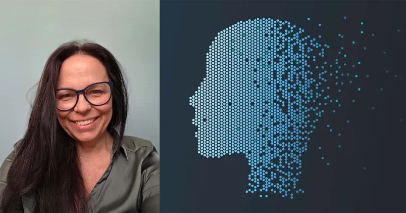 Christina Nilsson, doktorand inom tillämpad IT, bredvid en illustration som symboliserar AI och mänsklig kompetens.