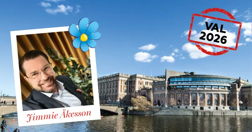 Grafisk valbild med Sverigedemokraternas partisymbol, ett porträttfoto med texten “Jimmie Åkesson”, riksdagshuset i bakgrunden och en röd stämpel med texten “Val 2026”.