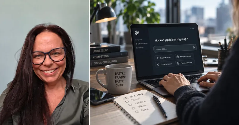 Porträtt av en person bredvid en illustration av AI-användning på jobbet, med en AI-chatt öppen på en dator.