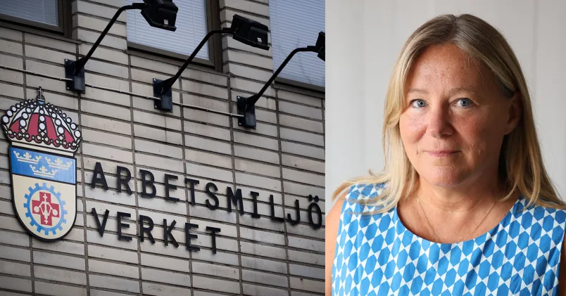 En skylt på Arbetsmiljöverkets fasad och porträttbild på forskaren Lotta Dellve.