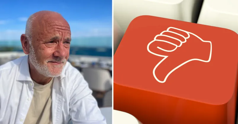 Fredrik Jerlov intill en illustration av en röd datorknapp med tummen ned-tecken