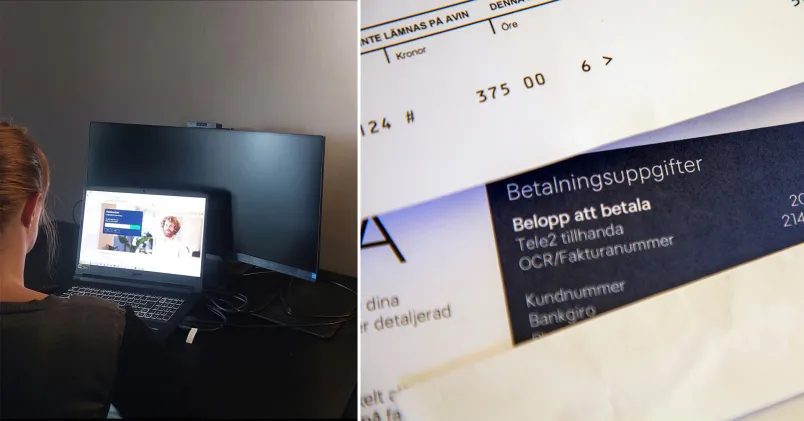 Person sitter vid en bärbar dator och två externa skärmar, bredvid en närbild av betalningsuppgifter på en faktura.