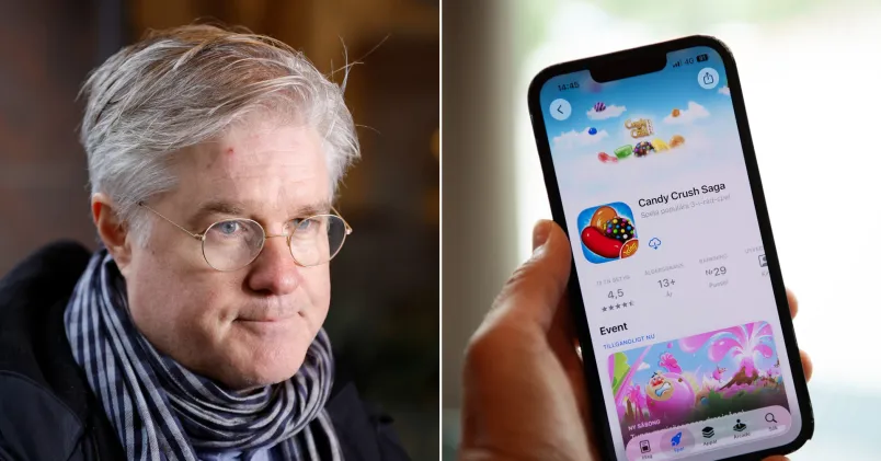 Porträtt av Martin Wästfelt, Unionen, bredvid en bild av en hand som håller en mobiltelefon med spelet Candy Crush på skärmen.