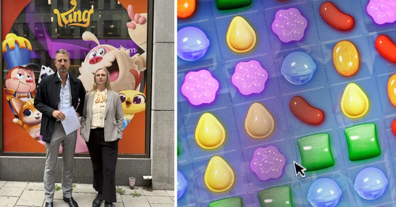 Mobilspelet Candy Crush bredvid Kings fasad utanför kontoret i Stockholm.