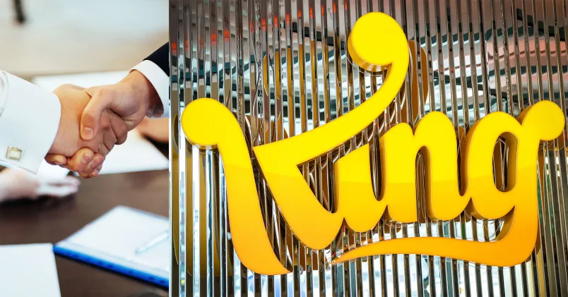 Två personer som skakar hand och en bild på spelföretaget Kings logga.