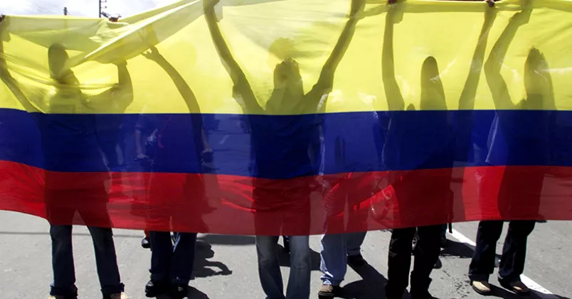Medlemmar i facket inom oljeindustrin protesterar i Colombia. Fernando Vergara/TT