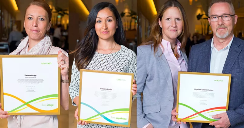 Therese Arroyo, Tashmina Berdini och Unionenklubbens styrelse på Volvo Personvagnar AB är årets jobbhjältar! Therese Arroyo (till vänster), Tashmina Berdini (mitten) och två personer ur Unionenklubbens styrelse på Volvo Personvagnar AB (till höger).