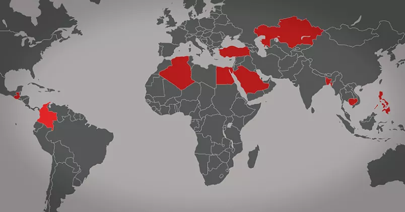 Det här är de länder i världen där det är sämst att vara fackligt aktiv: Colombia, Algeriet, Bangladesh, Egypten, Filippinerna, Guatemala, Kambodja, Kazakstan, Saudiarabien och Turkiet. Colourbox (montage Magdalena Taubert)