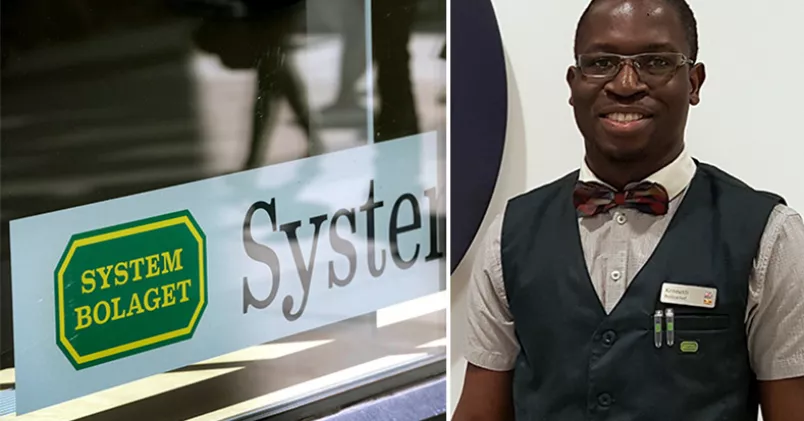 Kenneth Kyobe har jobbat på Systembolaget i 15 år. I dag är han butikschef i en av Sveriges största butiker. Till vänster Systembolagets skylt, till höger Kenneth Kyobe.